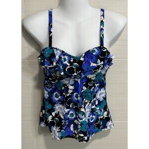 Island Escape Blue Black Floral Ruffle Tahiti Tankini Top 8, Pool Beach Cruise